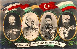 Carte postale de propagande : les quatre monarques des États de la Quadruplice.